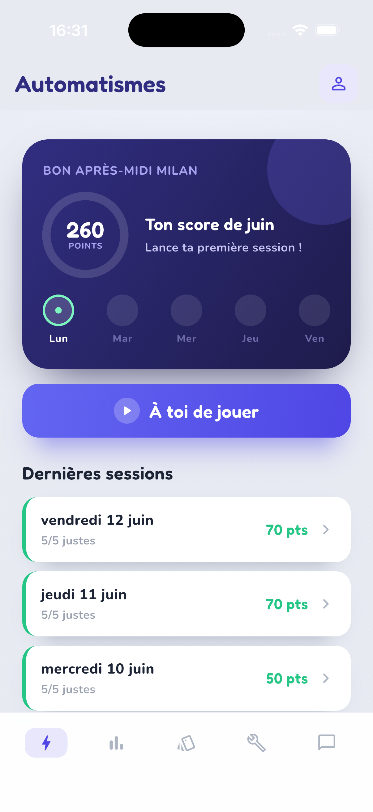 Tableau de bord ILMIMATH avec score et historique des sessions