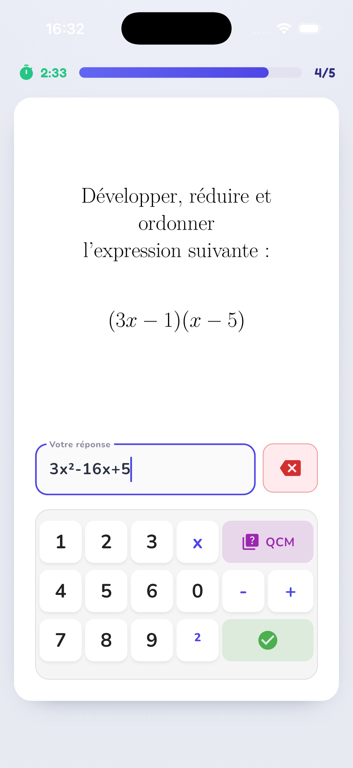 Question d'automatisme : développer (3x-1)(x-5) avec clavier numérique